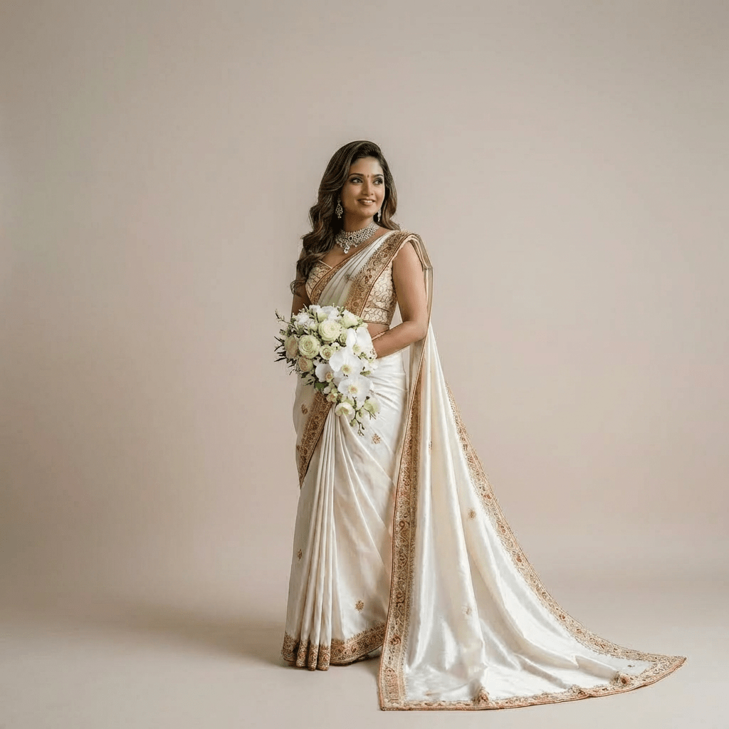Bride in a white and gold Kandyan saree seated on an ornate wooden bench.